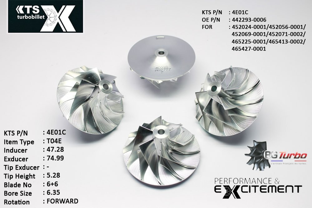 Turbo ROUE FORGÉE MFS PERFORMANCE - 6+6 PALES - INDUCER : 47,282 - EXDUCER : 74,99 - TYPE : T04EANGLE : 55° - ROTATION : Forward - SUPER BACK : 4,96 - BORE SIZE : 6,35
